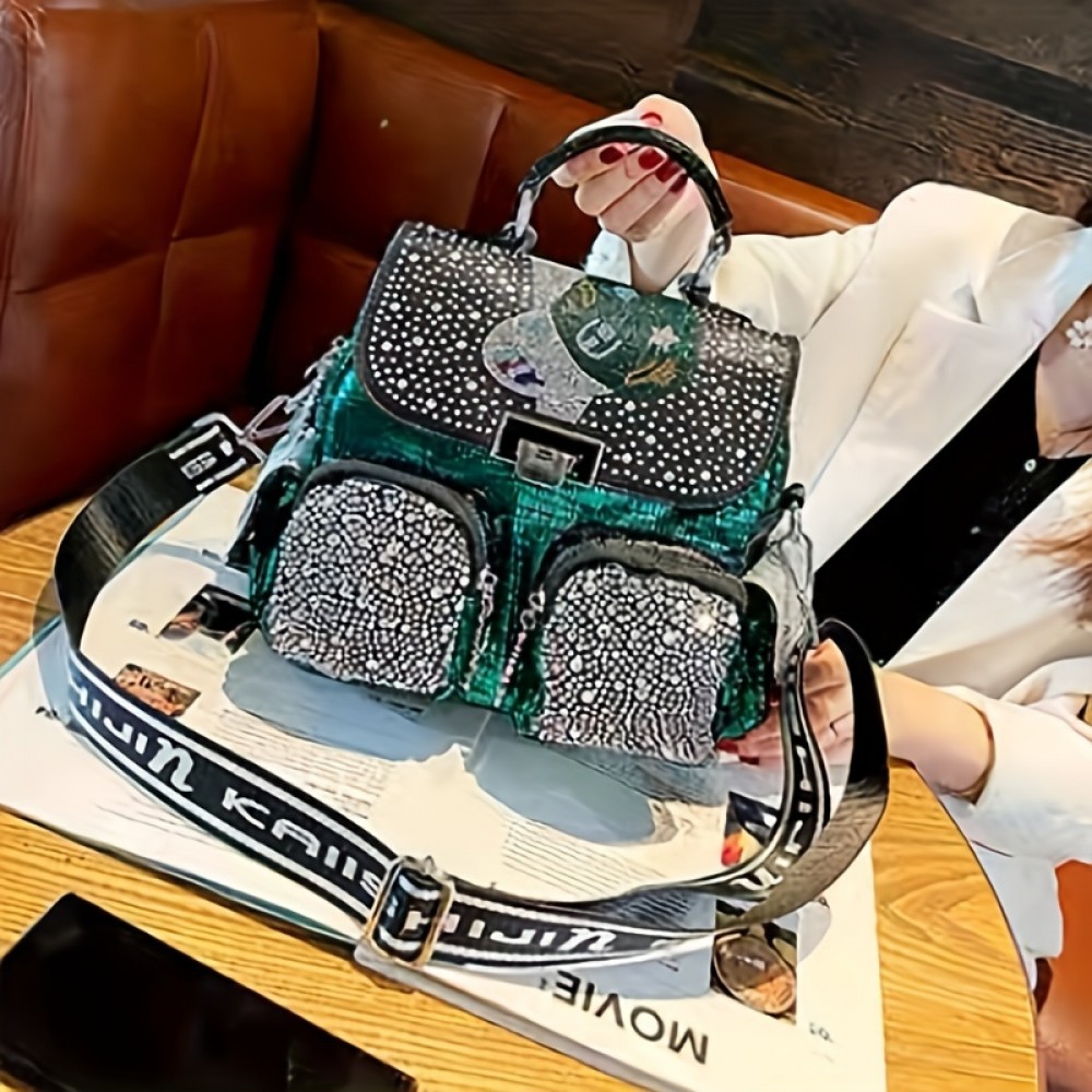 Stylish And Durable Backpack Tote Handbag With Chic Rhinestones For Women, Perfect For Daily Commute And Weekend Getaways, Inspired By Punk Style And Suitable For Travel And School.