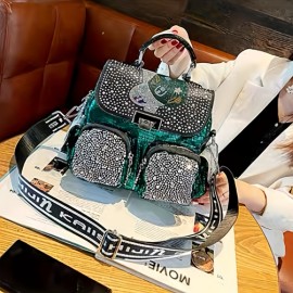 Stylish And Durable Backpack Tote Handbag With Chic Rhinestones For Women, Perfect For Daily Commute And Weekend Getaways, Inspired By Punk Style And Suitable For Travel And School.