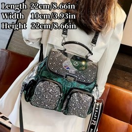 Stylish And Durable Backpack Tote Handbag With Chic Rhinestones For Women, Perfect For Daily Commute And Weekend Getaways, Inspired By Punk Style And Suitable For Travel And School.