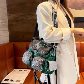 Stylish And Durable Backpack Tote Handbag With Chic Rhinestones For Women, Perfect For Daily Commute And Weekend Getaways, Inspired By Punk Style And Suitable For Travel And School.
