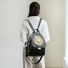 [Artistic Ethnic Print Backpack] Women's Artistic Ethnic Print Backpack | Adjustable Straps, Multiple Compartments, Large Capacity for Travel & Commute | Deep Khaki/Dark Brown/Yellow/Black, Secure Zipper Closure