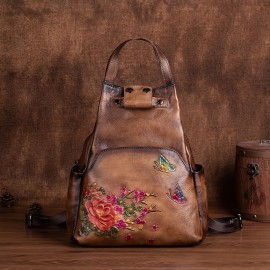 Vintage Large Capacity Casual Backpack Made Of Genuine Leather And Multifunctional Printed Women'S Backpack Handbag