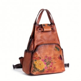 Vintage Large Capacity Casual Backpack Made Of Genuine Leather And Multifunctional Printed Women'S Backpack Handbag