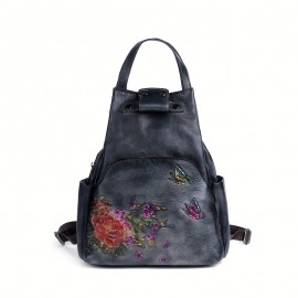 Vintage Large Capacity Casual Backpack Made Of Genuine Leather And Multifunctional Printed Women'S Backpack Handbag