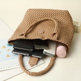 Handwoven Tote Bag for Women - Classic Large Capacity Synthetic Faux Leather Shoulder Bag with Double Handles, Elegant Black Travel & Commuter Handbag with Secure Buckle Closure, Everyday Carry Bag, Durable Stitched Detail