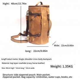 A Crazy Horse Leather Long Bucket Bag With A Capacity Of 20L Is Suitable For Men'S Travel And Commuting, And It Is A First Layer Of Cowhide For Birthday Gifts
