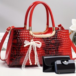 A Three-Piece Handbag Set, Spacious And Stylish for Shopping, Featuring Trendy Crocodile Pattern Fabric.