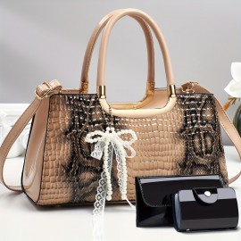 A Three-Piece Handbag Set, Spacious And Stylish for Shopping, Featuring Trendy Crocodile Pattern Fabric.