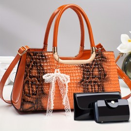 A Three-Piece Handbag Set, Spacious And Stylish for Shopping, Featuring Trendy Crocodile Pattern Fabric.