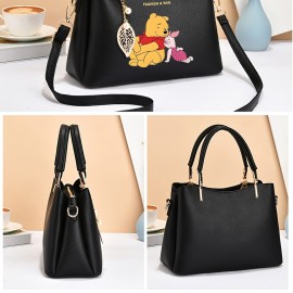 1pc & Piglet Wo 's handbag - Detachable Strap, Golden-Tone Hardware & Leaf Charm, Purse with Zipper Closure, White/Black Animal Print for Casual & Formal Outfits, Versatile Travel Purse, Durable Handbag