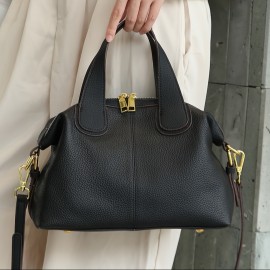 Wo 's Genuine Leather handbag - French Cow Full-Grain /Black Handbag with Golden-Tone Hardware, /Korean-Inspired Elegant Shoulder Purse, Wrist Strap & Zipper Closure for, Travel, Everyday (Luxury Handbag)