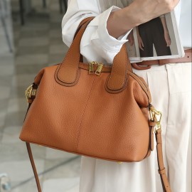 Wo 's Genuine Leather handbag - French Cow Full-Grain /Black Handbag with Golden-Tone Hardware, /Korean-Inspired Elegant Shoulder Purse, Wrist Strap & Zipper Closure for, Travel, Everyday (Luxury Handbag)