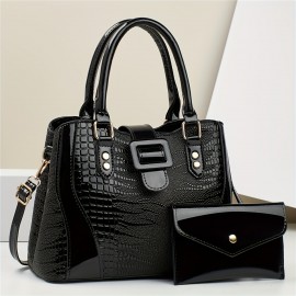 Women's Luxury Top-Grain Leather Purse - Elegant Convertible Crossbody/Handbag with Golden-Tone Hardware, Sophisticated Black Shoulder Bag for Business, Formal Events, Birthday Mother's Day Gift for Women, Wife, Grandma - Durable Everyday & Special Occasion Designer Bag, Ladies Handbags, Crocodile Texture, Stylish Clutch, Highquality Stitching, Professional Women