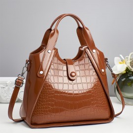 1pc Stylish White Crocodile-Textured Synthetic Handbag with Adjustable Strap, Double Compartments & Golden-Tone Hardware - Large Capacity Shoulder Bag for Women, Perfect for Daily Commute, Work, or Casual Outings, Crossbody Purse, Work Handbag, Modern Handbag, Zipper Closure