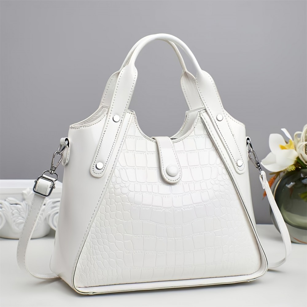 1pc Stylish White Crocodile-Textured Synthetic Handbag with Adjustable Strap, Double Compartments & Golden-Tone Hardware - Large Capacity Shoulder Bag for Women, Perfect for Daily Commute, Work, or Casual Outings, Crossbody Purse, Work Handbag, Modern Handbag, Zipper Closure