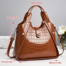 1pc Stylish White Crocodile-Textured Synthetic Handbag with Adjustable Strap, Double Compartments & Golden-Tone Hardware - Large Capacity Shoulder Bag for Women, Perfect for Daily Commute, Work, or Casual Outings, Crossbody Purse, Work Handbag, Modern Handbag, Zipper Closure