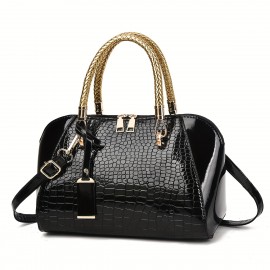 Women'S Patent Leather Handbag - Elegant Crocodile-like texture, Zipper Closure, Golden-Tone Hardware, Available in, Coffee Brown, Navy, Burgundy Red - Formal & Everyday Purse for Women, Versatile Accessory, Sophisticated Design, Premium Detailing