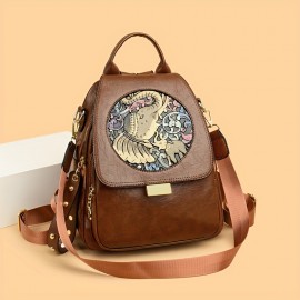 [Artistic Ethnic Print Backpack] Women's Artistic Ethnic Print Backpack | Adjustable Straps, Multiple Compartments, Large Capacity for Travel & Commute | Deep Khaki/Dark Brown/Yellow/Black, Secure Zipper Closure