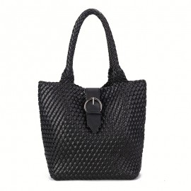Handwoven Tote Bag for Women - Classic Large Capacity Synthetic Faux Leather Shoulder Bag with Double Handles, Elegant Black Travel & Commuter Handbag with Secure Buckle Closure, Everyday Carry Bag, Durable Stitched Detail