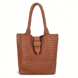 Handwoven Tote Bag for Women - Classic Large Capacity Synthetic Faux Leather Shoulder Bag with Double Handles, Elegant Black Travel & Commuter Handbag with Secure Buckle Closure, Everyday Carry Bag, Durable Stitched Detail