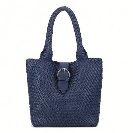 Handwoven Tote Bag for Women - Classic Large Capacity Synthetic Faux Leather Shoulder Bag with Double Handles, Elegant Black Travel & Commuter Handbag with Secure Buckle Closure, Everyday Carry Bag, Durable Stitched Detail