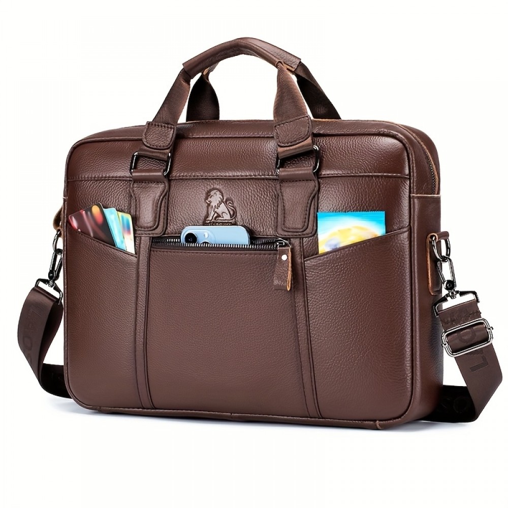 [Work Carryall, Sleek Handbag] Genuine Leather Men's Briefcase - Adjustable Strap, Multiple Compartments | Large Capacity Business & Travel Bag | Dark Brown, Perfect Gift for Father's Day, Graduation, Valentine's Day