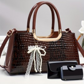 A Three-Piece Handbag Set, Spacious And Stylish for Shopping, Featuring Trendy Crocodile Pattern Fabric.