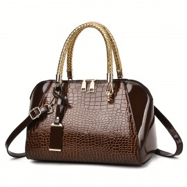 Women'S Patent Leather Handbag - Elegant Crocodile-like texture, Zipper Closure, Golden-Tone Hardware, Available in, Coffee Brown, Navy, Burgundy Red - Formal & Everyday Purse for Women, Versatile Accessory, Sophisticated Design, Premium Detailing