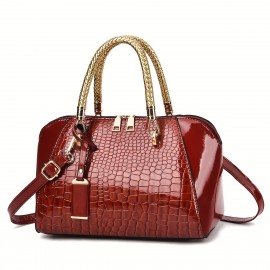 Women'S Patent Leather Handbag - Elegant Crocodile-like texture, Zipper Closure, Golden-Tone Hardware, Available in, Coffee Brown, Navy, Burgundy Red - Formal & Everyday Purse for Women, Versatile Accessory, Sophisticated Design, Premium Detailing