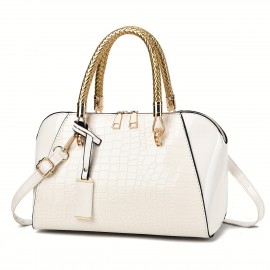 Women'S Patent Leather Handbag - Elegant Crocodile-like texture, Zipper Closure, Golden-Tone Hardware, Available in, Coffee Brown, Navy, Burgundy Red - Formal & Everyday Purse for Women, Versatile Accessory, Sophisticated Design, Premium Detailing