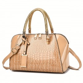 Women'S Patent Leather Handbag - Elegant Crocodile-like texture, Zipper Closure, Golden-Tone Hardware, Available in, Coffee Brown, Navy, Burgundy Red - Formal & Everyday Purse for Women, Versatile Accessory, Sophisticated Design, Premium Detailing