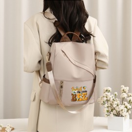 Sweet as Can Bee Women's Fashion Backpack - Playful Bee & Floral Print, Large Capacity with Multiple Pockets, Durable Polyester, Adjustable Straps, Beige/Black, Machine Washable for Casual & Professional Use, Soft Shell Design, Zipper Closure