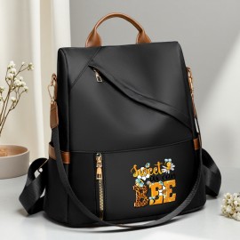 Sweet as Can Bee Women's Fashion Backpack - Playful Bee & Floral Print, Large Capacity with Multiple Pockets, Durable Polyester, Adjustable Straps, Beige/Black, Machine Washable for Casual & Professional Use, Soft Shell Design, Zipper Closure