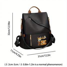 Sweet as Can Bee Women's Fashion Backpack - Playful Bee & Floral Print, Large Capacity with Multiple Pockets, Durable Polyester, Adjustable Straps, Beige/Black, Machine Washable for Casual & Professional Use, Soft Shell Design, Zipper Closure
