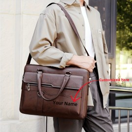 Personalized Name Men'S Briefcase - Large Capacity Synthetic Laptop Bag with Adjustable Strap, Multiple Compartments & Mesh Pockets for Business Travel, Black