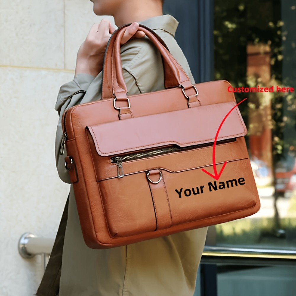 Personalized Name Men'S Briefcase - Large Capacity Synthetic Laptop Bag with Adjustable Strap, Multiple Compartments & Mesh Pockets for Business Travel, Black