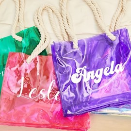 [1pc Customizable PVC Tote] 1pc Durable Transparent PVC Tote Bag with Twine Handles | Customizable, Personalized Text & Pink Glitter Design, Perfect for Everyday Use or Special Occasions