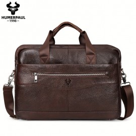 Vintage Brown Leather Men's Business Shoulder Bag - Genuine Leather Messenger Handbag with Adjustable Strap, Multiple Compartments & Zippers for Office Use, Professional Attache Case | Stylish Zipper Bag | Leather Briefcase