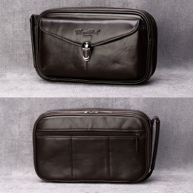 Men's Genuine Leather Handbag - Large Capacity Luxury Brown Cowhide Clutch with Golden-Tone Hardware, Top Handle & Zipper Closure, Spacious Interior for Business, Travel, Everyday Use - Durable & Stylish Men's Wallet & Organizer Bag