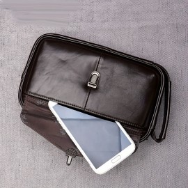 Men's Genuine Leather Handbag - Large Capacity Luxury Brown Cowhide Clutch with Golden-Tone Hardware, Top Handle & Zipper Closure, Spacious Interior for Business, Travel, Everyday Use - Durable & Stylish Men's Wallet & Organizer Bag