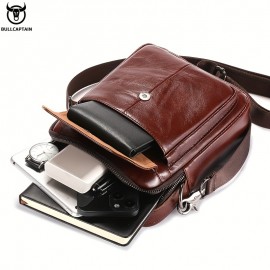 [Durable Leather Bag] Bull Captain Men's Large Capacity Shoulder Bag | Brown Leather, Multi-Compartment, Adjustable Strap, Durable and Stylish for Everyday Use