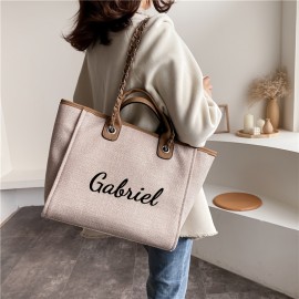 Personalized Embroidered Canvas Tote Bag - Custom Name Large Capacity Shoulder Bag with Chain Strap, Khaki Canvas Bridesmaid Gift, Summer Beach & Backpack Accessory, Ideal Birthday Anniversary Present for Girlfriend Mom Family Friends, Bridesmaid Gift Bag, Elegant Accessory, Sturdy Handle Construction