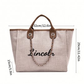 Personalized Embroidered Canvas Tote Bag - Custom Name Large Capacity Shoulder Bag with Chain Strap, Khaki Canvas Bridesmaid Gift, Summer Beach & Backpack Accessory, Ideal Birthday Anniversary Present for Girlfriend Mom Family Friends, Bridesmaid Gift Bag, Elegant Accessory, Sturdy Handle Construction