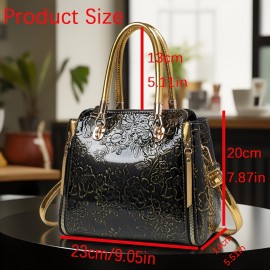 Women's Vintage Floral Enamel Handbag with Detachable Shoulder Strap & Zipper Closure - Multi-Compartment Tote for Commuting, Work, Travel - Includes Matching handbag (Light Purple/Red/Green/Blue/Golden/Black)