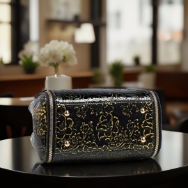 Women's Vintage Floral Enamel Handbag with Detachable Shoulder Strap & Zipper Closure - Multi-Compartment Tote for Commuting, Work, Travel - Includes Matching handbag (Light Purple/Red/Green/Blue/Golden/Black)