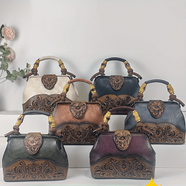 Women'S Vintage Floral-engraved Synthetic Handbag - Elegant Crossbody/Shoulder Bag with Detachable Strap, Magnetic Closure & Golden-Tone Hardware, /Grey/Green/, Polyester - Versatile Everyday & Special Occasion Purse