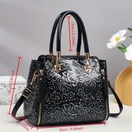 Vintage Floral Print PVC Women's handbag with Adjustable Crossbody/Handheld Strap, Golden-Tone Hardware & Zipper Closure - Black & Golden, Wrist Strap Included, Polyester Lining for Casual & Formal Events, Fashion Accessory, Retro Bucket Bag