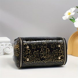 Vintage Floral Print PVC Women's handbag with Adjustable Crossbody/Handheld Strap, Golden-Tone Hardware & Zipper Closure - Black & Golden, Wrist Strap Included, Polyester Lining for Casual & Formal Events, Fashion Accessory, Retro Bucket Bag