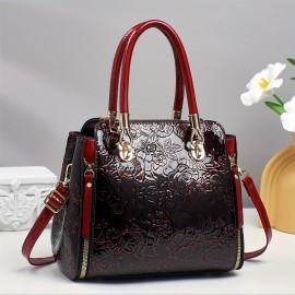 Vintage Floral Print PVC Women's handbag with Adjustable Crossbody/Handheld Strap, Golden-Tone Hardware & Zipper Closure - Black & Golden, Wrist Strap Included, Polyester Lining for Casual & Formal Events, Fashion Accessory, Retro Bucket Bag