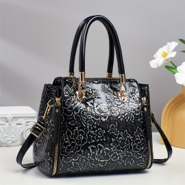 Vintage Floral Print PVC Women's handbag with Adjustable Crossbody/Handheld Strap, Golden-Tone Hardware & Zipper Closure - Black & Golden, Wrist Strap Included, Polyester Lining for Casual & Formal Events, Fashion Accessory, Retro Bucket Bag